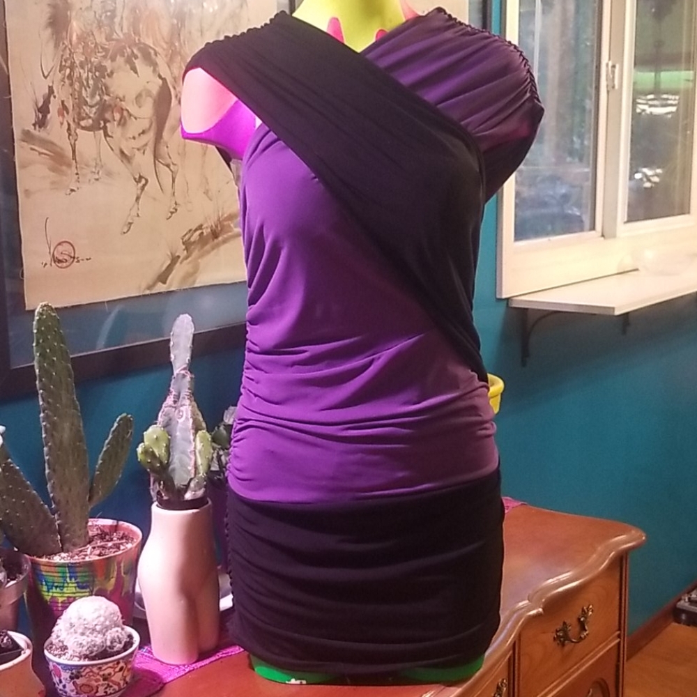Draped dress in purple and black